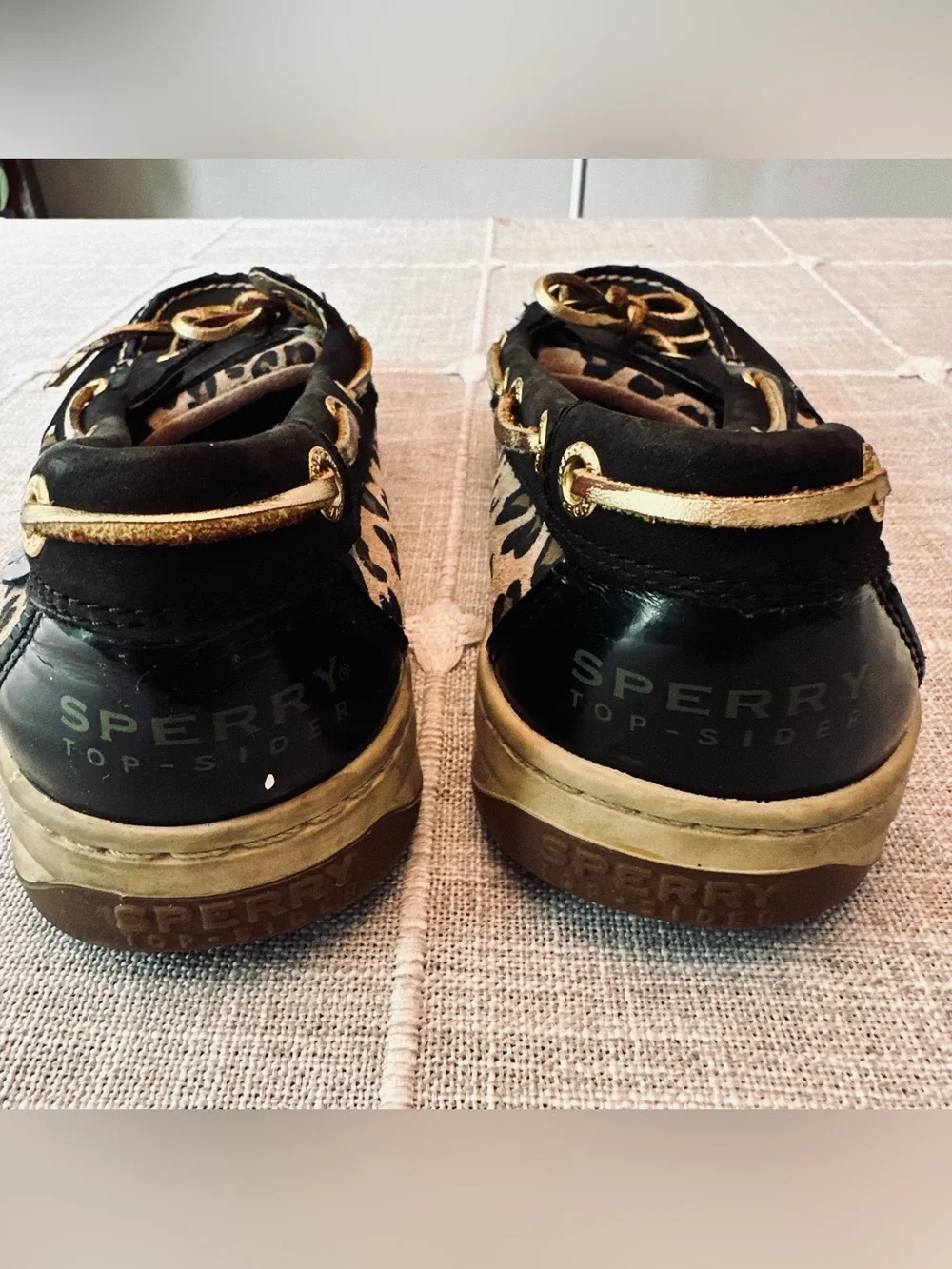 Sperry Top-Sider Boat Shoes Women 8M‎ Black Beige Leopard Mob Wife